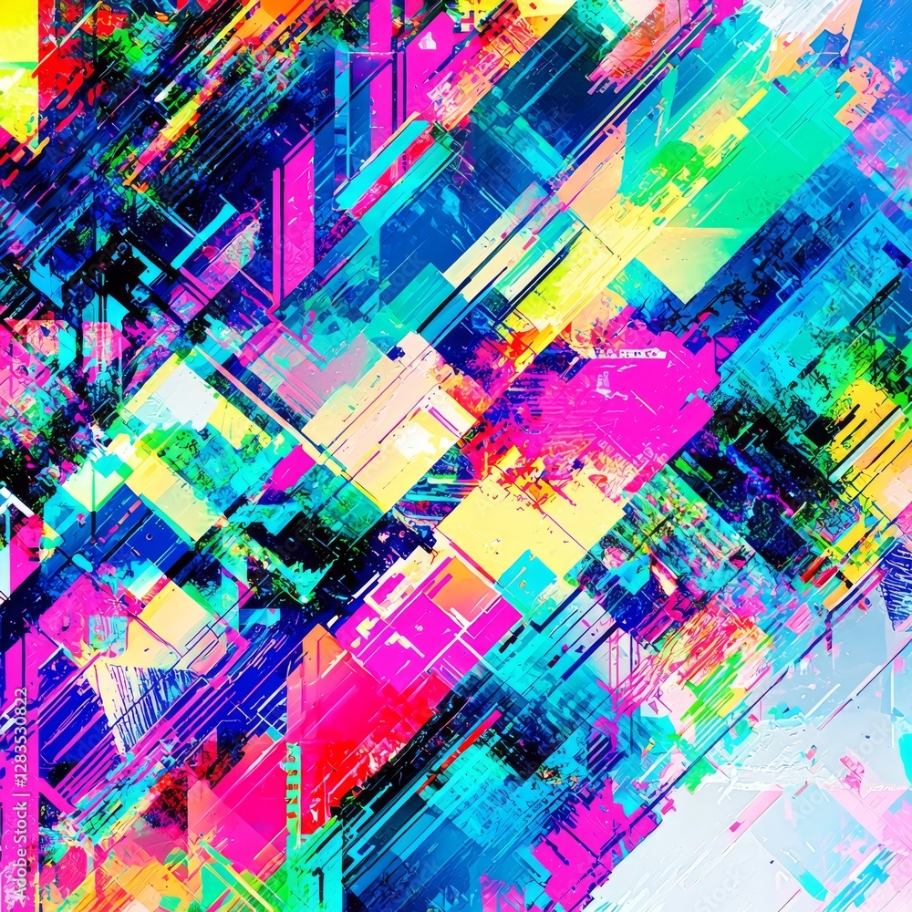 Poster dynamic digital mosaic: a vibrant mosaic of colorful geometric shapes and textures create a mesmeriz