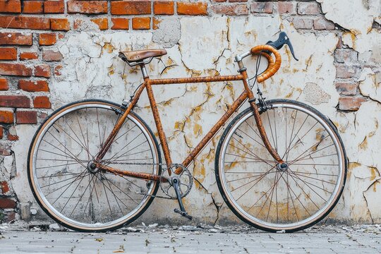A vintage bicycle with a rusted frame leaning against a distressed brick wall, evoking a sense of nostalgia, urban decay, and the passage of time in a still life.