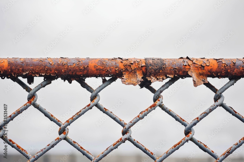 Poster extreme close-up of an old, heavily rusted chain-link fence showing peeling orange paint, creating a