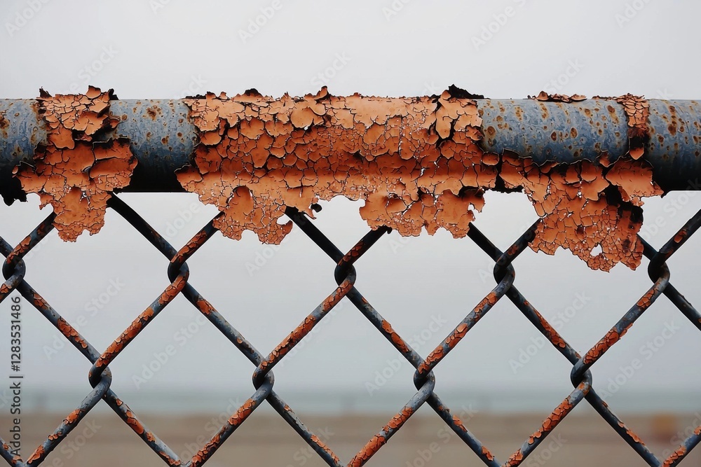 Poster a detailed view of a heavily rusted chain-link fence, showcasing peeling orange paint and creating a