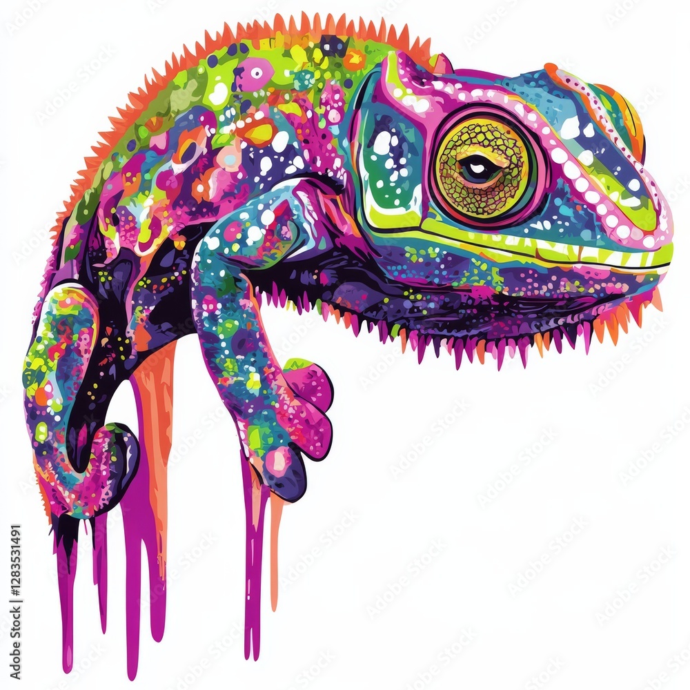 Poster chameleon's colorful camouflage: a vibrant chameleon bursts with an explosion of color, its skin ado