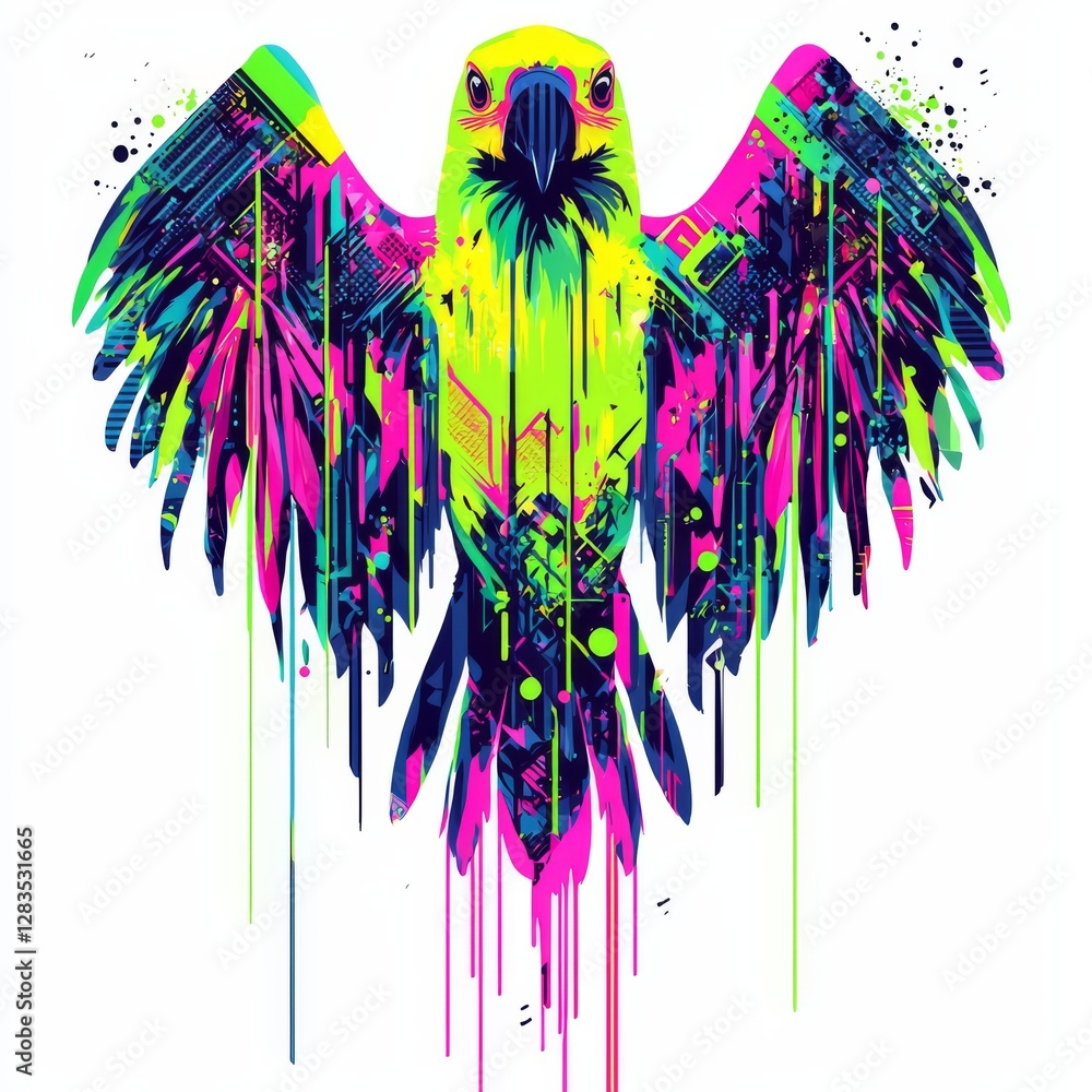 Poster vibrant parrot: an artistic representation of a parrot with vivid, abstract patterns. a creative com