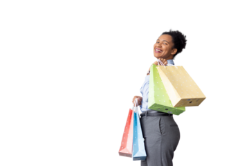 Confident African American shopper carrying multiple bags
