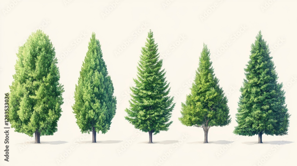 Poster variety of evergreen trees with different shapes and sizes on light background