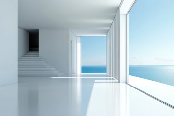 Modern white interior with ocean view and natural light in a minimalist design