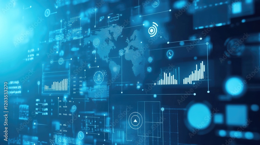 Poster cloud-based data analytics concept with floating graphs, numbers, and financial insights over a digi
