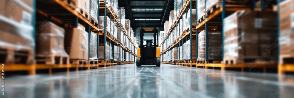 Aufkleber warehouse interior with stacked boxes and electric forklift in operation during daytime hours. gener