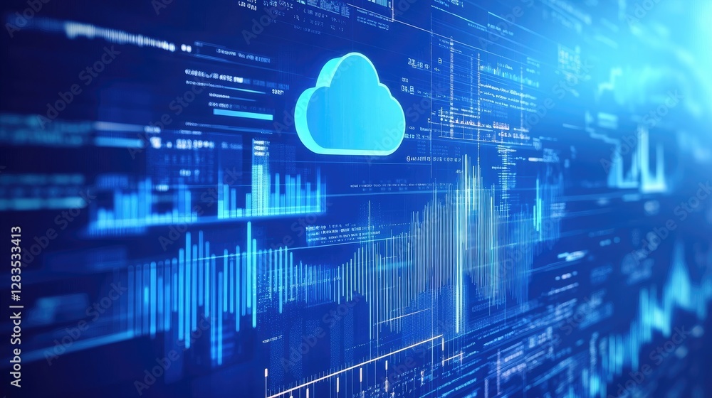 Poster cloud-based data analytics concept with floating graphs, numbers, and financial insights over a digi
