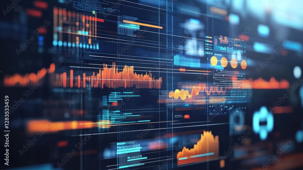 Poster cloud-based data analytics concept with floating graphs, numbers, and financial insights over a digi