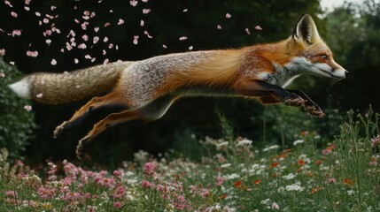 Fototapeta premium Energetic Fox Leaping Through Flowering Meadow in Springtime