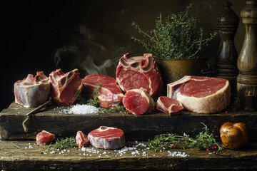Assortment of raw beef cuts with herbs and spices, arranged on rustic wooden surface, creating a gourmet culinary experience, ready to be cooked and savored.