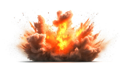 fiery explosion with billowing smoke and bright flames against white background. dynamic burst of energy creates dramatic and intense visual effect