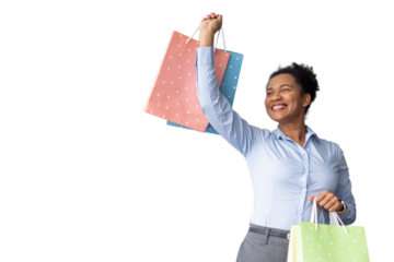 Excited African American shopper lifting shopping bags with joy