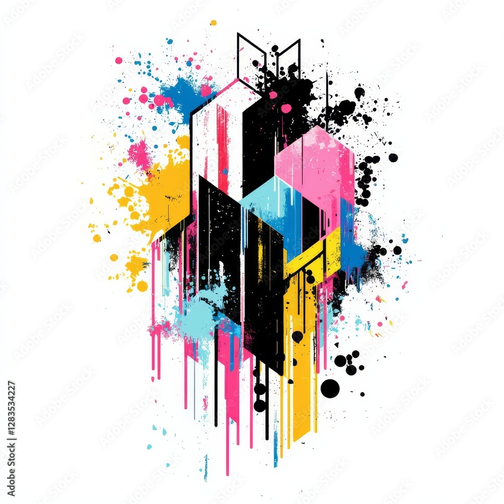 Poster abstract geometric splatter: a dynamic and vibrant abstract composition of interconnected geometric 