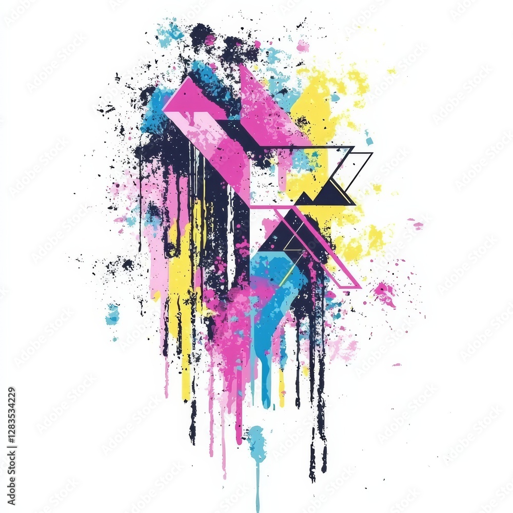 Poster explosive artistry: dynamic fusion of geometric shapes and vibrant paint splatters, creating an abst