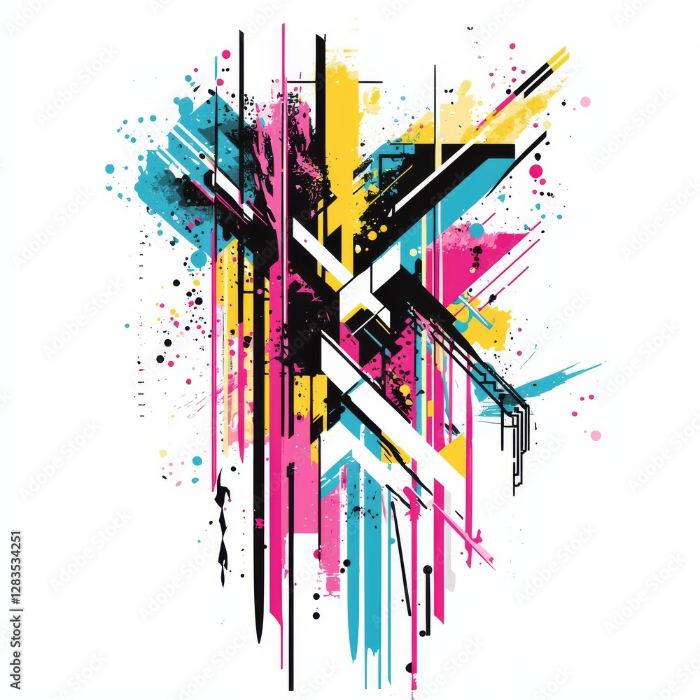 Poster abstract geometric splatter art: a dynamic composition of vibrant colors and intersecting geometric 
