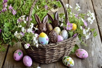 A festive Easter basket filled with colorful decorated eggs and chocolate bunnies, surrounded by...