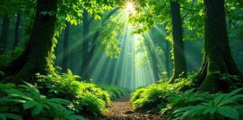 Obraz premium Forest canopy with lush greenery and ferns, tropical leaves, forest, nature