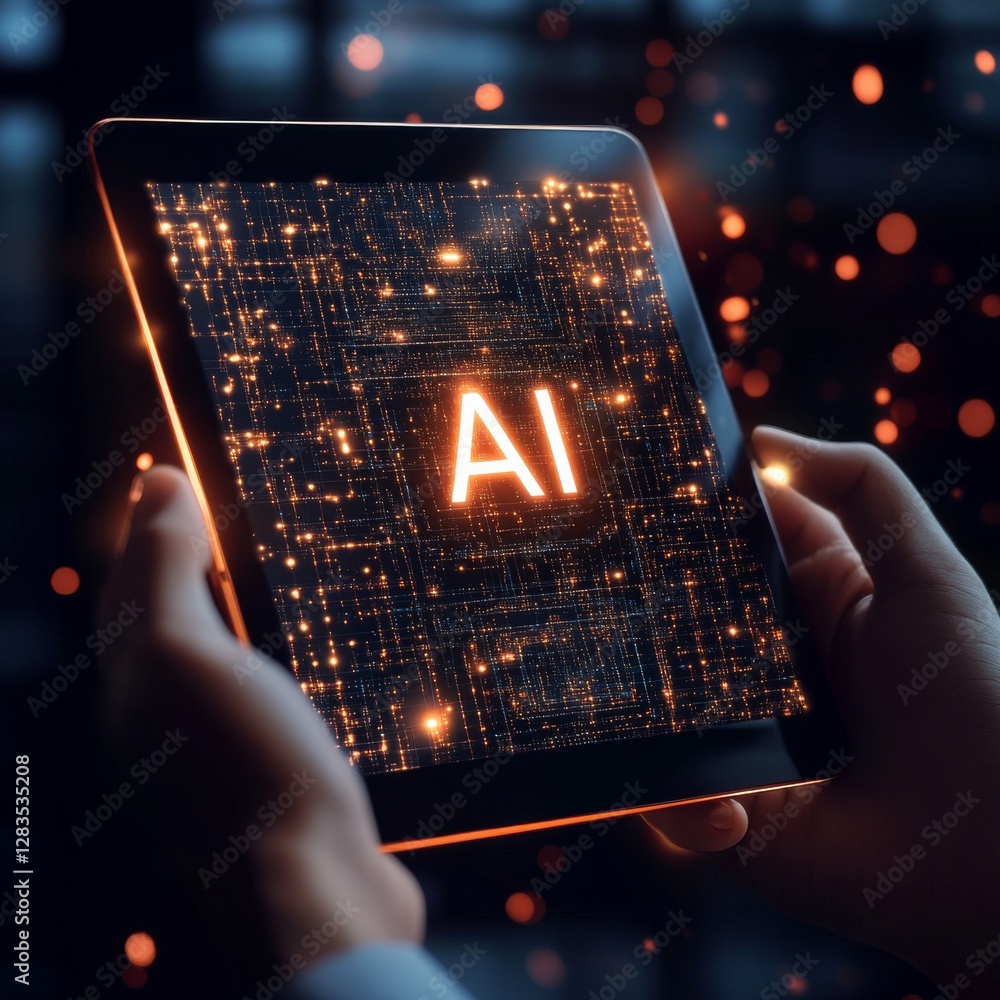 Poster artificial intelligence on a tablet: exploring the future of ai-powered technology and connectivity.