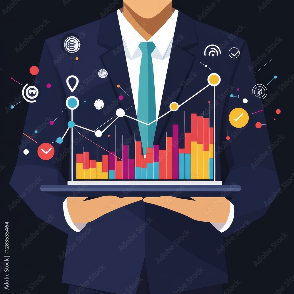 Poster data-driven decisions: a businessman presenting financial growth & strategic analysis for optimizing