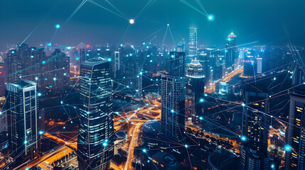 Naklejka premium The smart city of the future is an environmentally friendly, high-tech and comfortable space, where artificial intelligence, the Internet of Things and renewable energy sources ensure sustainable deve