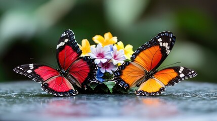 Obraz premium Two butterflies on flowers, garden background, nature beauty, spring card