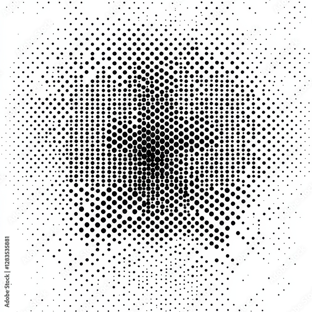 Poster halftone dot matrix: black circles on white gradient pattern creates a central burst with density va