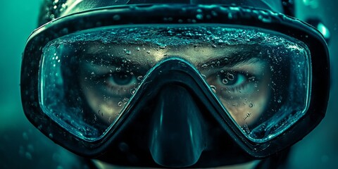 Diver wearing diving mask underwater, exploring the depths of the ocean for sharks