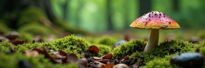 Forest floor with mushroom and lichen, fungi, botanical, mycology