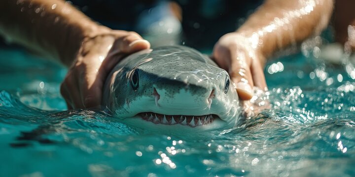 Marine biologists holding shark in water for research