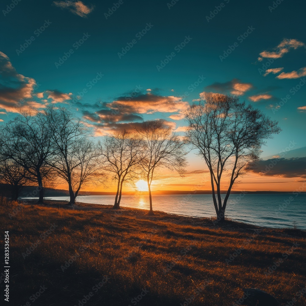 Aufkleber Sunset over the lake with silhouetted trees and colorful sky during early evening hours. Generative AI