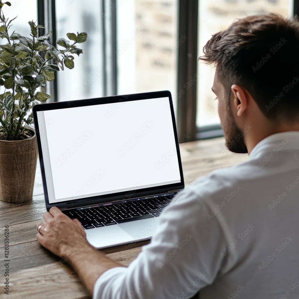 Poster Man Working on Laptop with Blank Screen in Modern Office Space, Perfect for Mockup Presentations and Content Creation