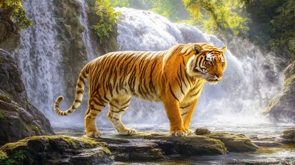 Majestic Tiger Walking Near Waterfall in Lush Green Landscape