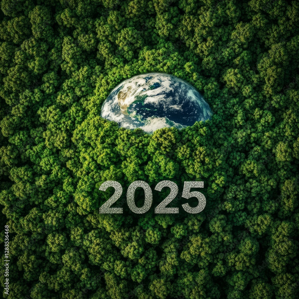 Poster protecting our planet: a vision for a green future in 2025, embracing sustainable practices for eart