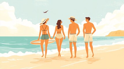 Young People Enjoying the Beach: Hand-Drawn Vector Illustration