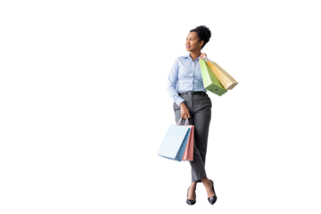 Modern African American woman standing with full shopping bags