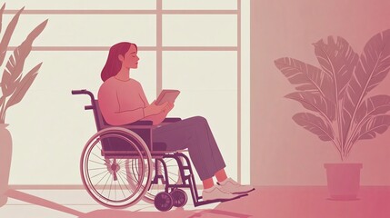 Young Disabled Woman Using Computer in Wheelchair