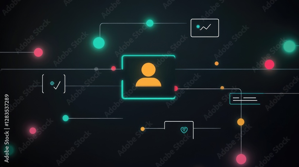 Poster crm workflow chart with a glowing user profile in the center and connected engagement icons, no peop