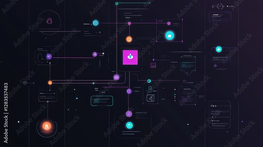 Poster crm workflow chart with a glowing user profile in the center and connected engagement icons, no peop