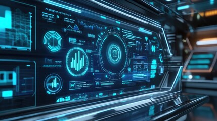 Fototapeta premium Customer engagement metrics with digital bar graphs and pie charts overlaid on a futuristic screen, no people
