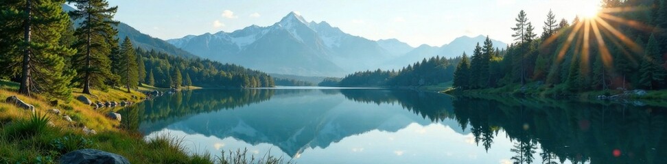 Naklejka premium Forest landscape with a mountain range in the background and a lake in the foreground with trees reflected on its calm surface , outdoor scenery, serene, landscape