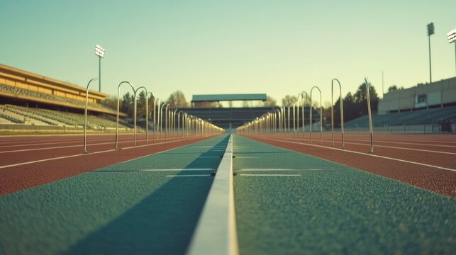 College stadium with athletes training for high hurdles. Featuring technique and focus