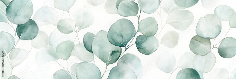 Poster watercolor leaves in soft green tones creating a serene backdrop evoking tranquility and natures bea