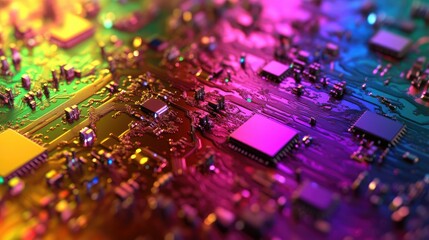 Digital circuit board shifting colors, symbolizing technological transformation and change, no people