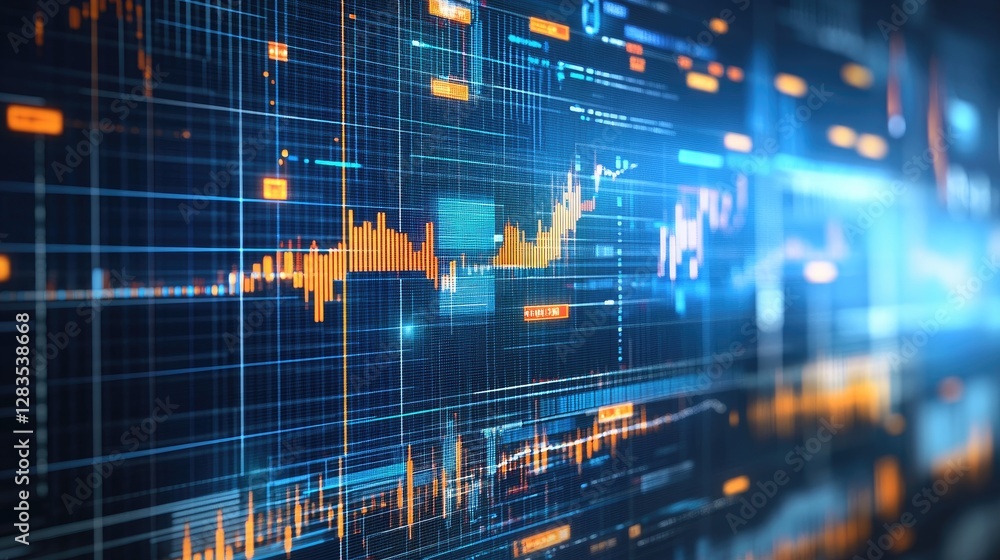 Poster digital concept of artificial intelligence-driven market analysis with data scanning and real-time u