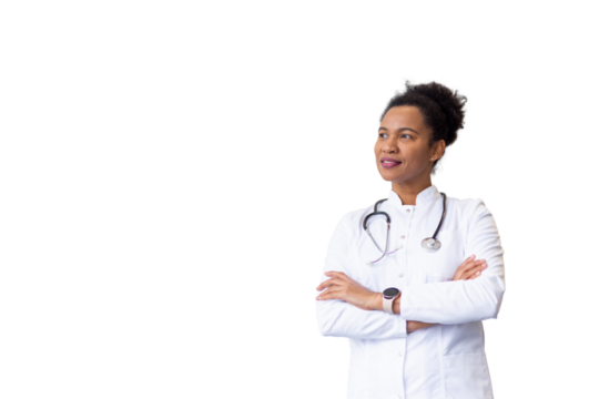 Ambitious African American healthcare expert in a medical setting