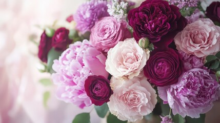 Elegant floral bouquet of roses and peonies with vibrant pinks and deep purples