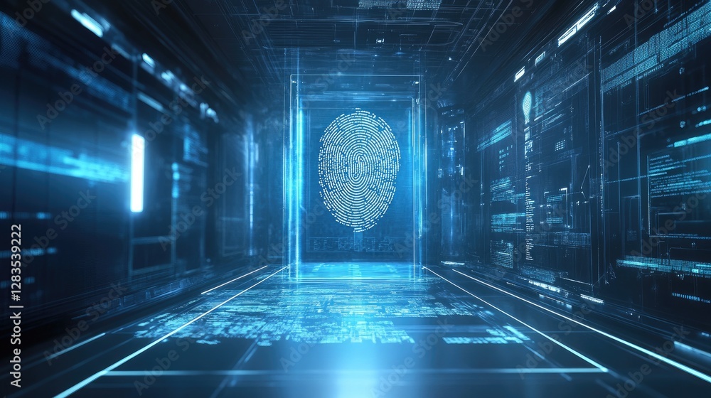 Poster digital fingerprint scan confirming customer verification in a futuristic cybersecurity environment,