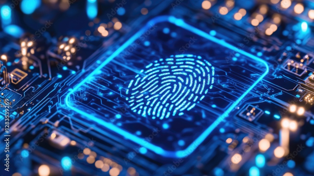 Poster digital fingerprint scan confirming customer verification in a futuristic cybersecurity environment,