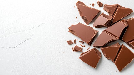 Fototapeta premium A pile of chocolate pieces artfully arranged on a pristine white surface, perfect for culinary photography